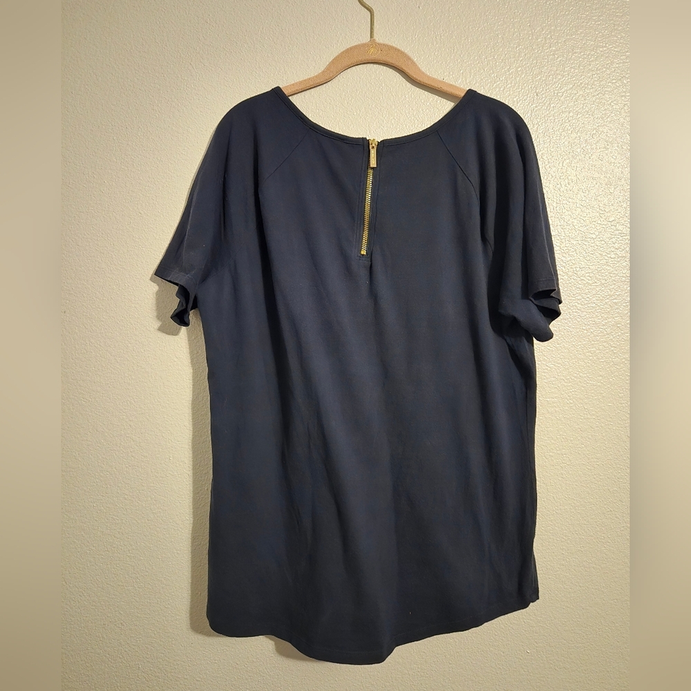 Michael Kors Womens T-Shirt With Gold Zipper On Back, MK Rhinestone Logo, XL - Picture 5 of 8